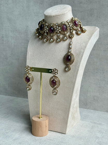 Ayura Designs Emanya Choker Set – Choker, Earrings & Tikka with Mirror-Cut Stones, Plum Mauve & Antique Gold Detailing