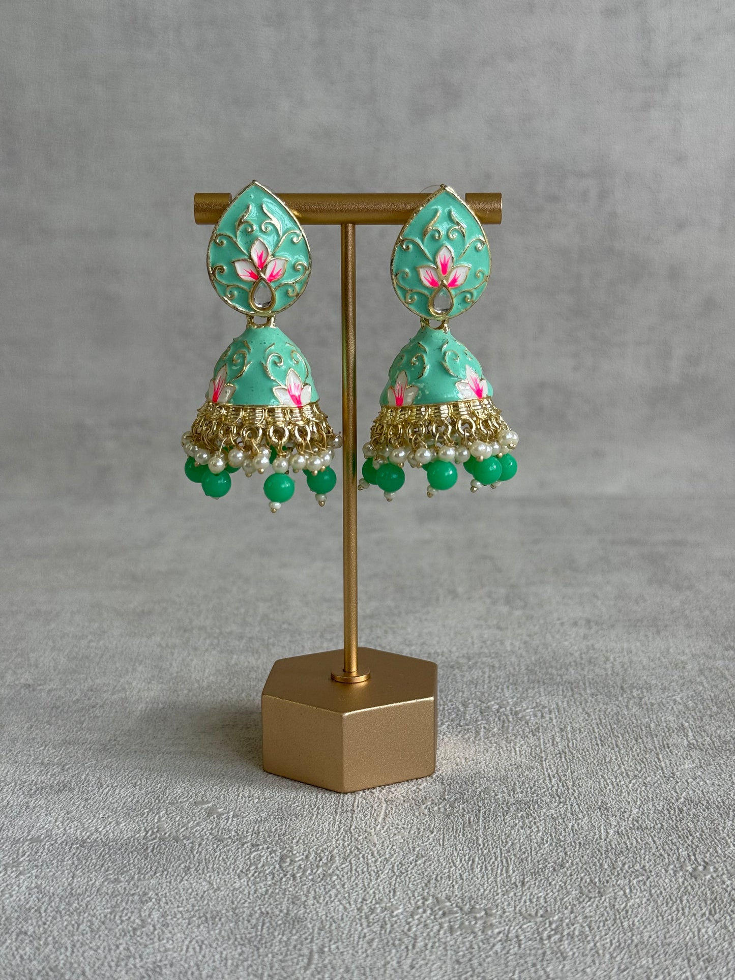 Ayura Designs Gia Jhumkis – Mint Green Meenakari with Pink Lotus Motifs & Ivory Pearl Drops