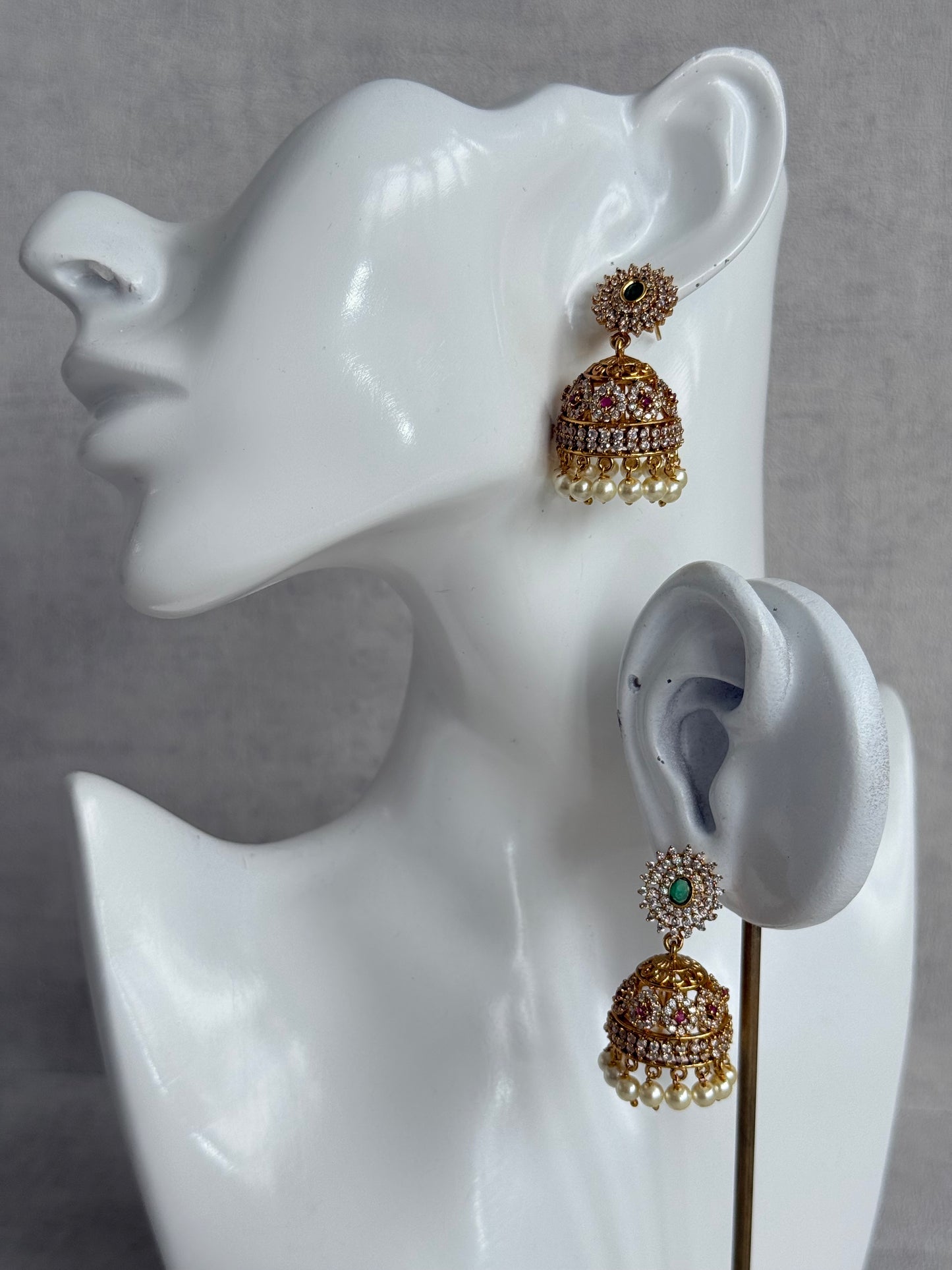 Ayura Designs Ela Jhumkis – Emerald Green Studs with Crystal Floral Jhumkis & Pearl Drops