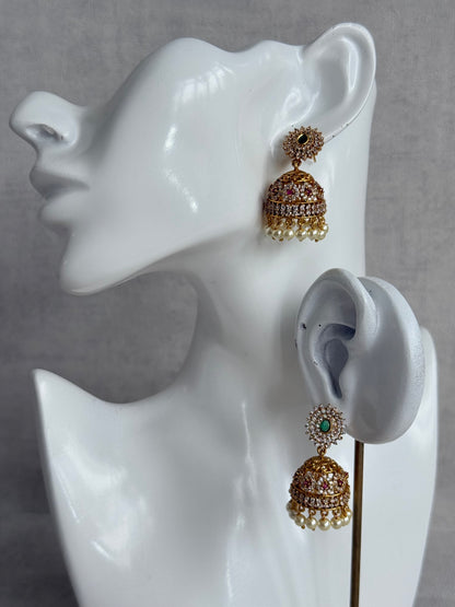 Ayura Designs Ela Jhumkis – Emerald Green Studs with Crystal Floral Jhumkis & Pearl Drops