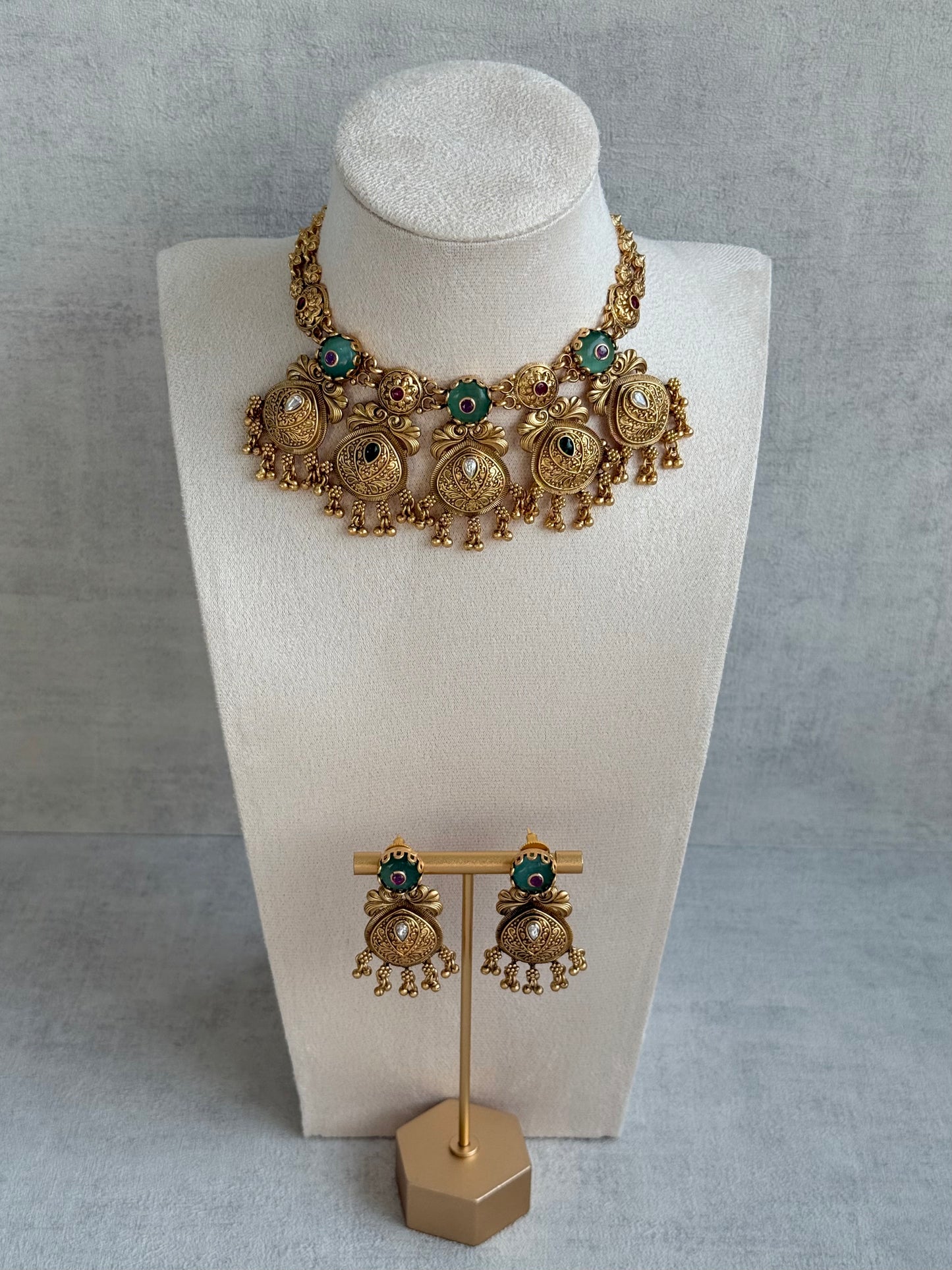Ayura Designs Alera Set with Necklace & Earrings – Peacock Green and Rani Pink with Antique Gold Ghungroo Detailing