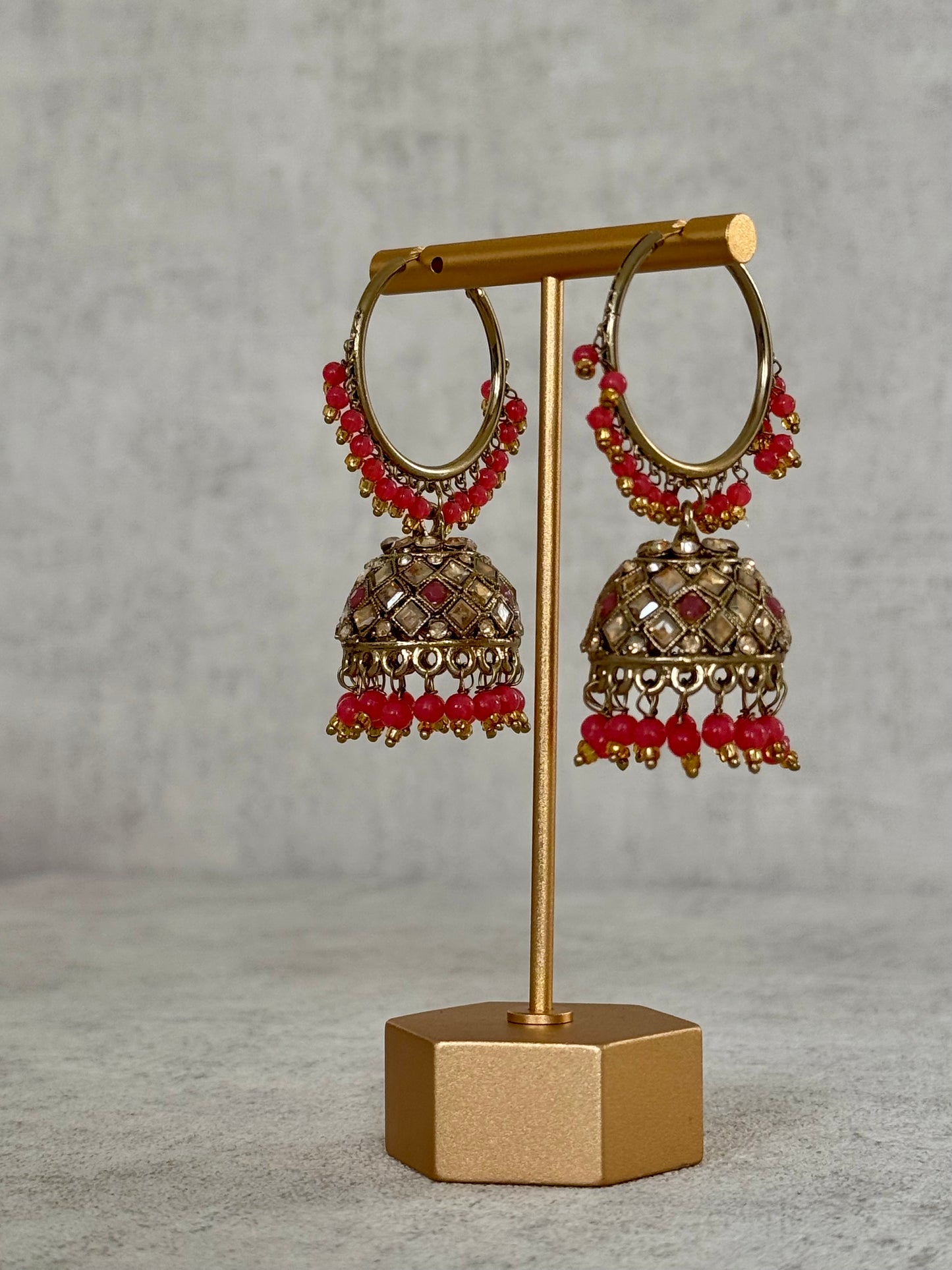 Ayura Designs Jugni Bali Jhumkas – Antique Gold with Coral Peach Beads