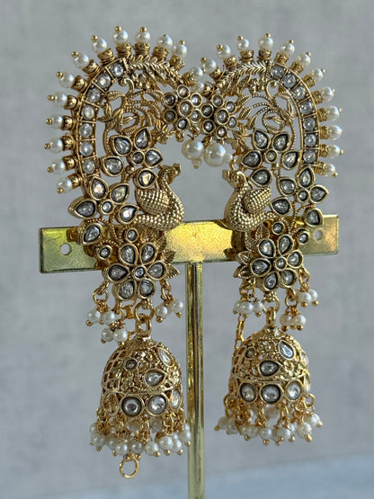 Ayura Designs Nitya Kaanphool Jhumkis – Gold Half Ear Cuff Earrings, Peacock Motifs, Kundan, Ivory Pearl Drops & Sahare