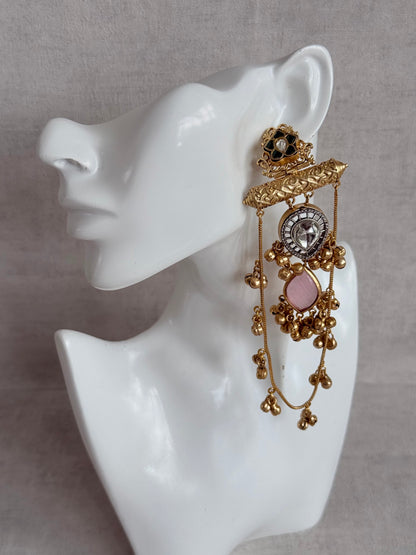 Ayura Designs Rouf Earrings – Kashmiri Earrings with Blush Pink Stone, Crystal Detailing & Ghungroo Accents