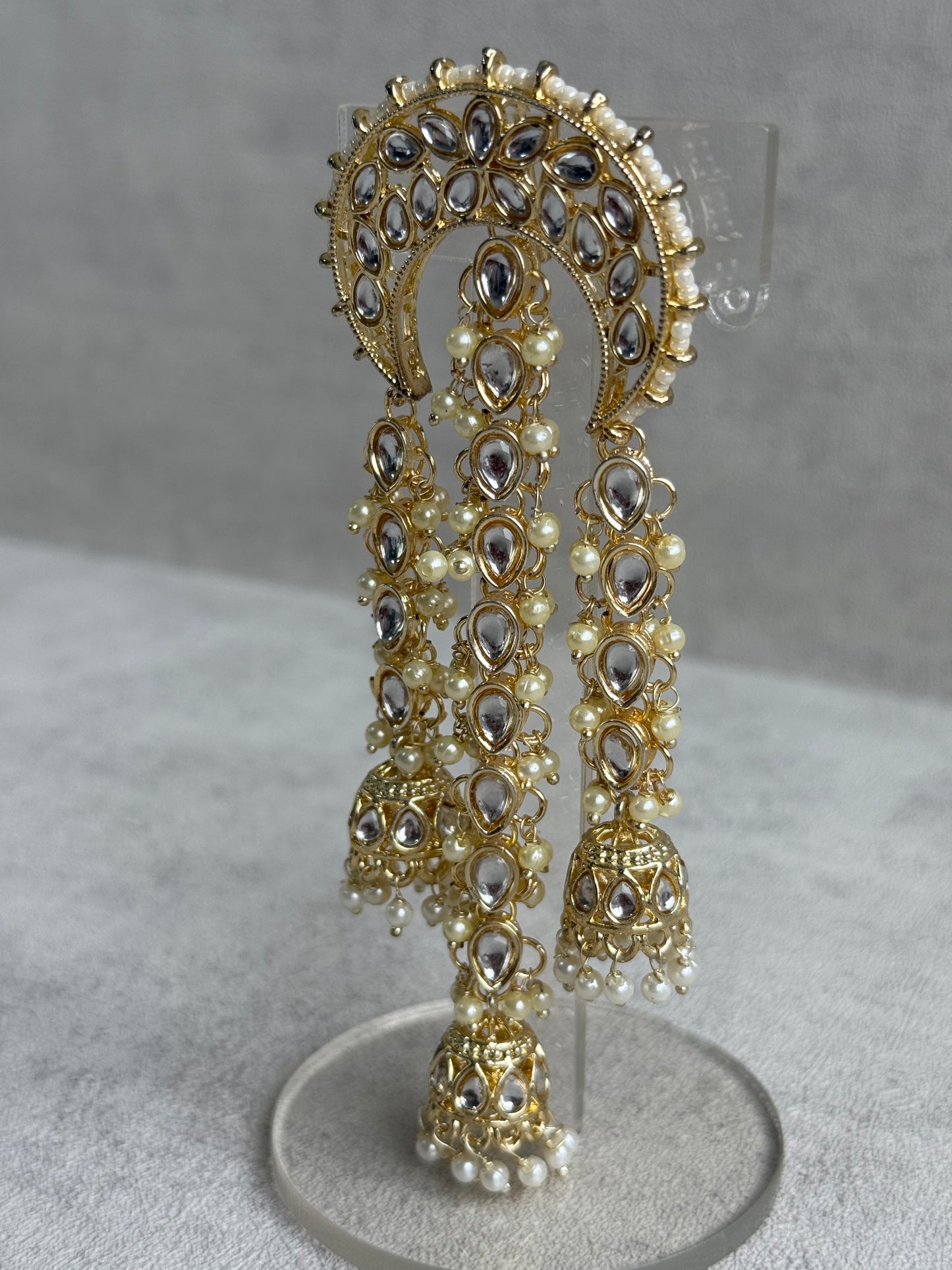 Ayura Designs Enjal Hair Brooch – Crescent Polki Design with Jhumki Tassels & Pearl Detailing