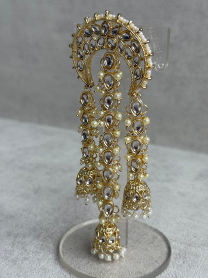 Ayura Designs Enjal Hair Brooch – Crescent Polki Design with Jhumki Tassels & Pearl Detailing