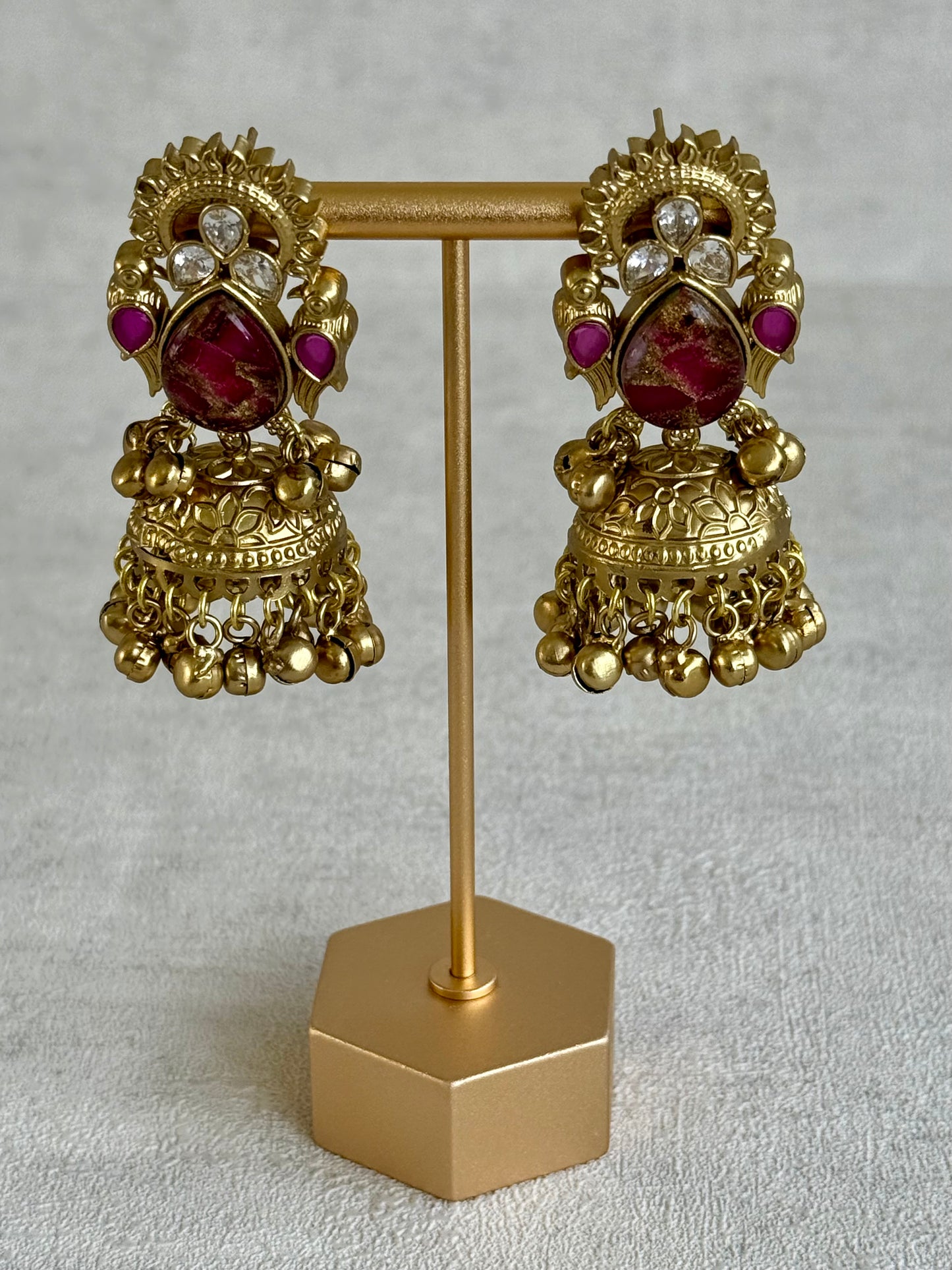Ayura Designs Avleen Earrings – Berry Pink Marble with Antique Gold Finish & Kundan Detailing