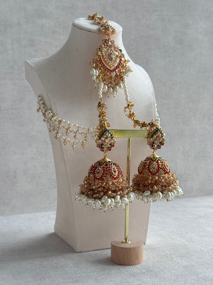 Ayura Designs Safia Tikka Set with Sahare Earrings – Champagne Crystals with Ruby & Emerald