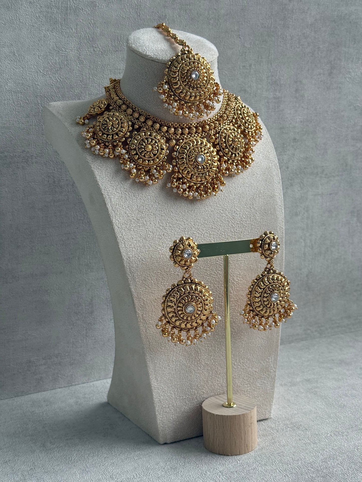 Ayura Designs Rummy Set – Statement Necklace, Earrings & Tikka with Ivory Pearls and Polished Gold Finish