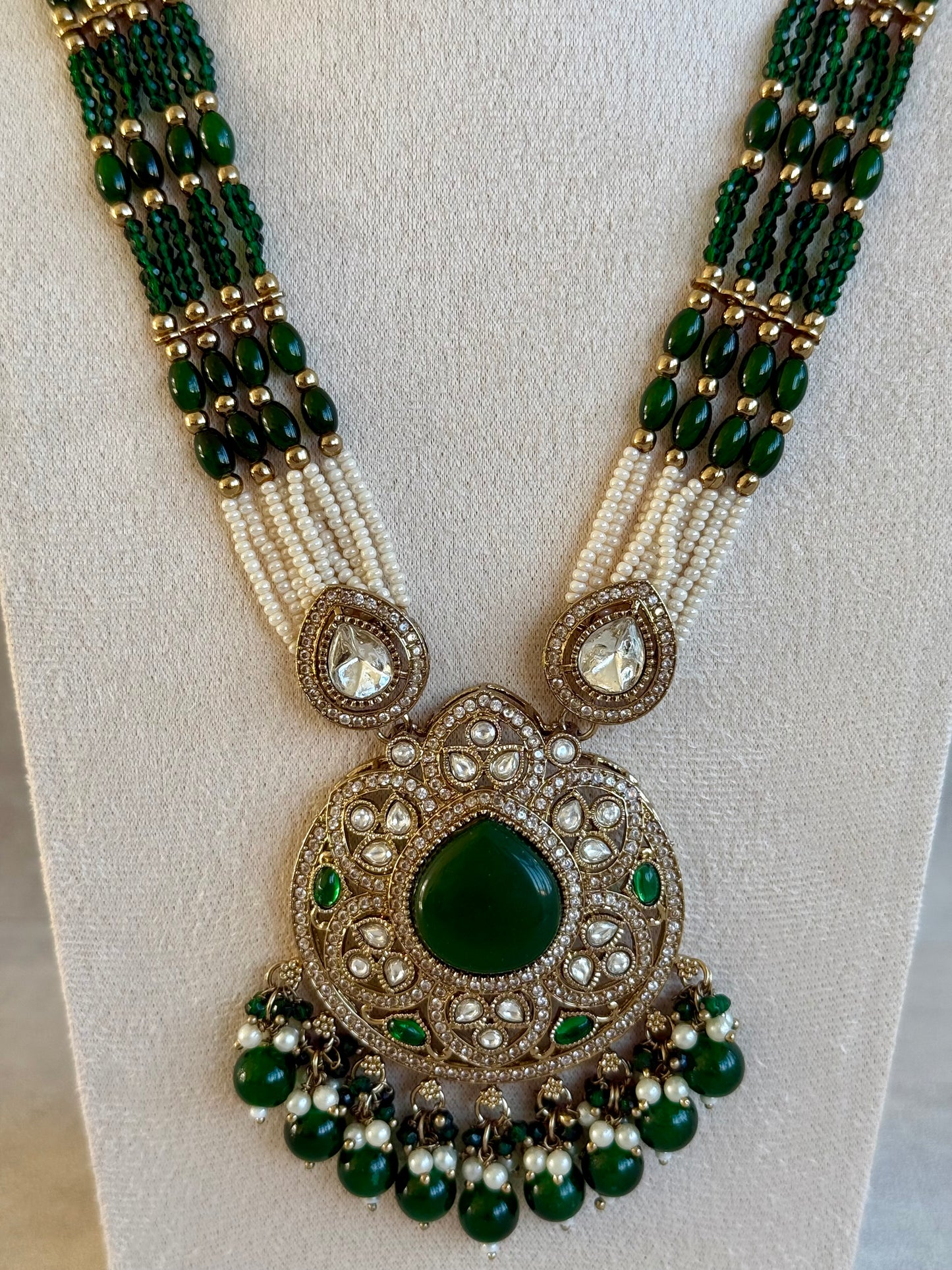 Ayura Designs Brielle Set – Necklace & Jhumkis with Mirror-Cut Stones, Emerald Green & Ivory Beads