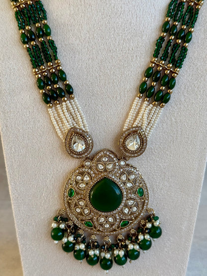 Ayura Designs Brielle Set – Necklace & Jhumkis with Mirror-Cut Stones, Emerald Green & Ivory Beads