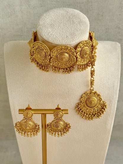 Ayura Designs Rami Choker Set with Earrings & Tikka – Antique Gold Medallions with Ghungroo Drops