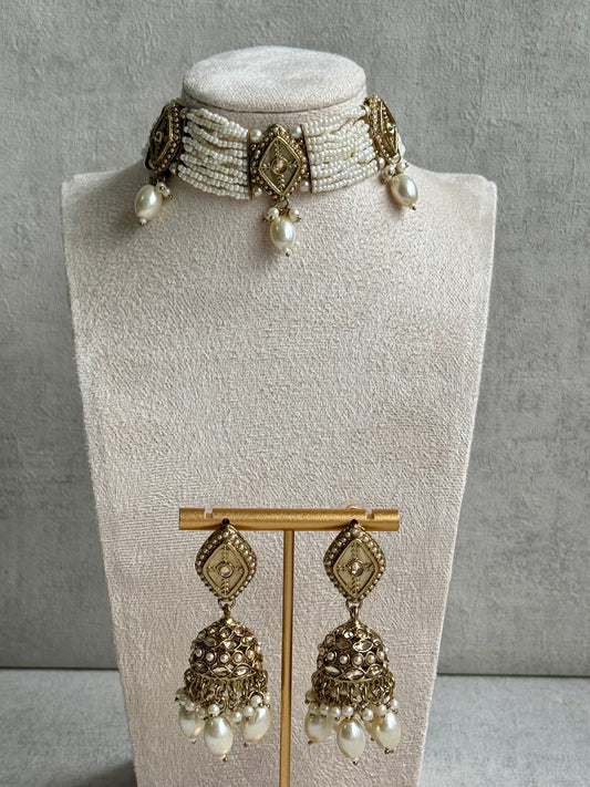 Ayura Designs Ariana Choker Set with Jhumkis – Kundan & Pearl in Antique Gold