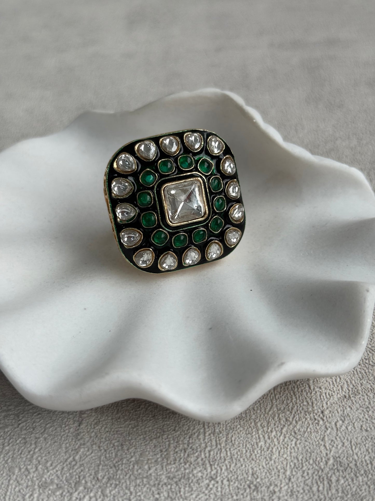 Ayura Designs Arzoo Adjustable Ring – Mirror-Cut Stone Centre with Emerald Green Stones, Green Enamel & Crystal Detailing