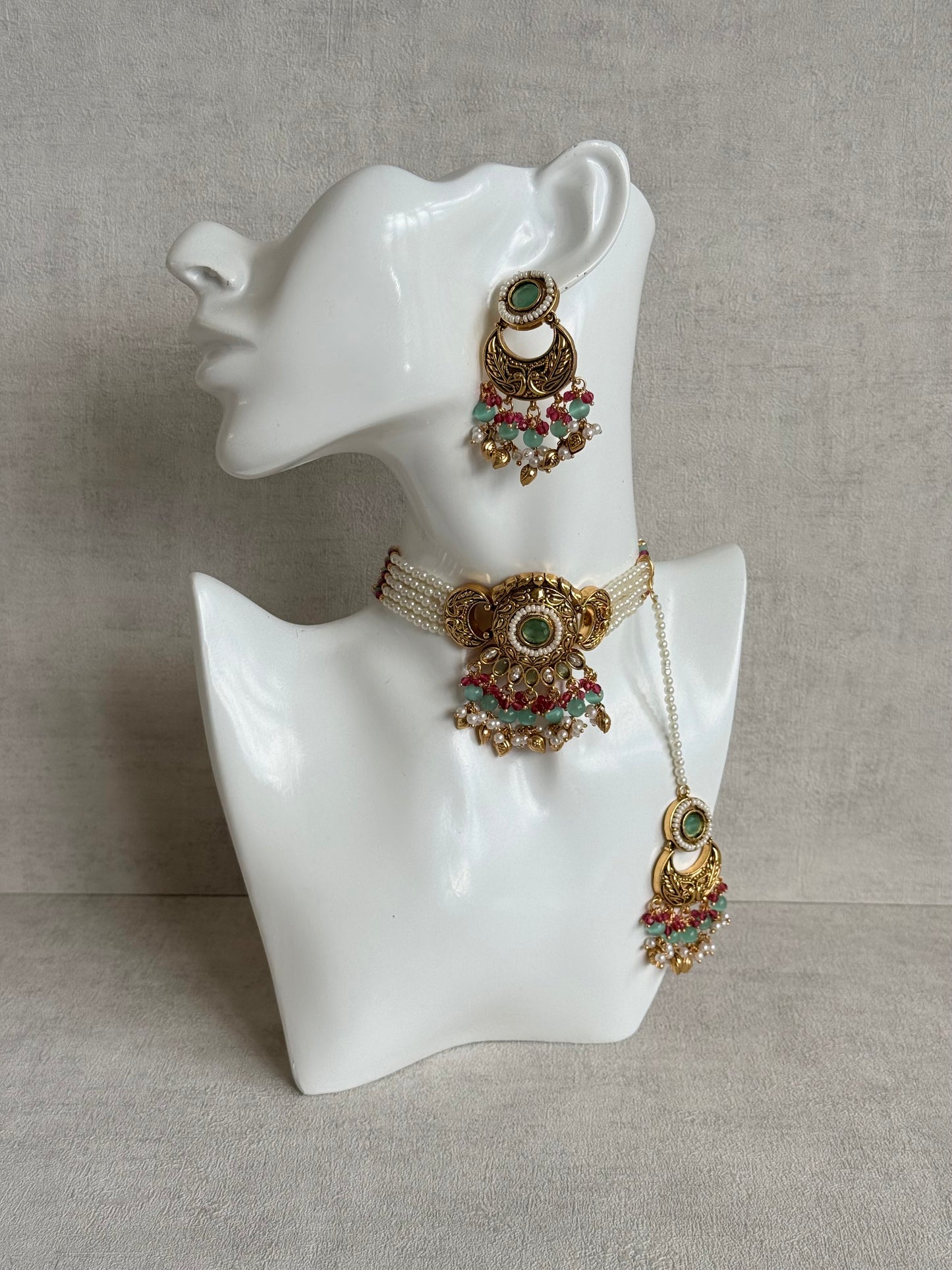 Ayura Designs Mehr Choker Set with Earrings & Tikka – Mint Green Stones, Ruby Pink Beads, Pearl Strands & Antique Gold Finish