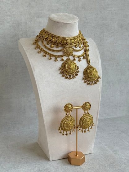 Ayura Designs Subha Choker Set with Earrings & Passa – Antique Gold Engraved Medallions, Layered Chains & Ghungroo Drops