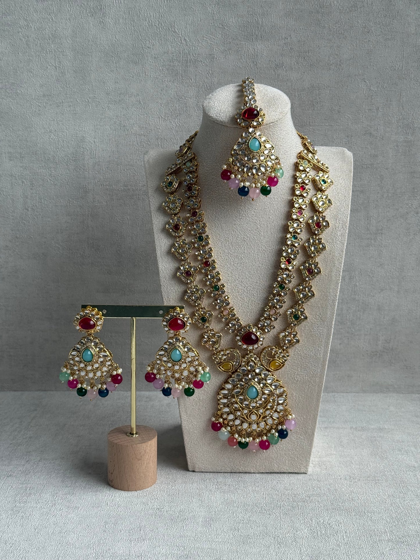 Ayura Designs Javeria Set with Earrings & Tikka – Multicolour Beads, Mirror Kundan & Gold Finish