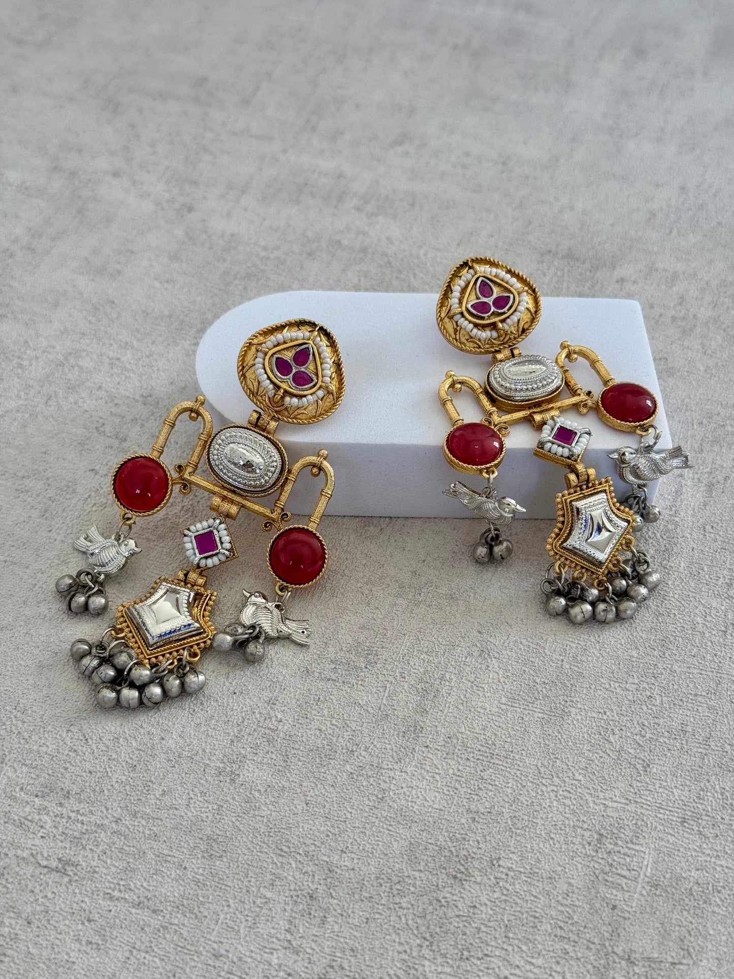 Ayura Designs Amzie Earrings - Exquisitely Handcrafted in Brass with Silver Accents, Ruby Embellishments, and Delicate Bird Motif Charms