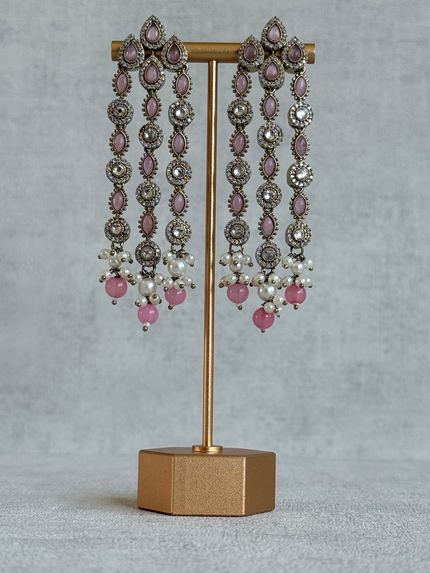 Ayura Designs Emilia Earrings – Gold Triple Strand Statement Earrings with Blush Pink Stones & Pearl Drops