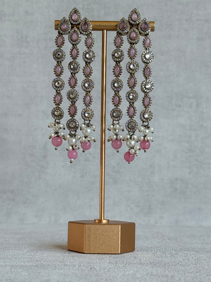 Ayura Designs Emilia Earrings – Gold Triple Strand Statement Earrings with Blush Pink Stones & Pearl Drops