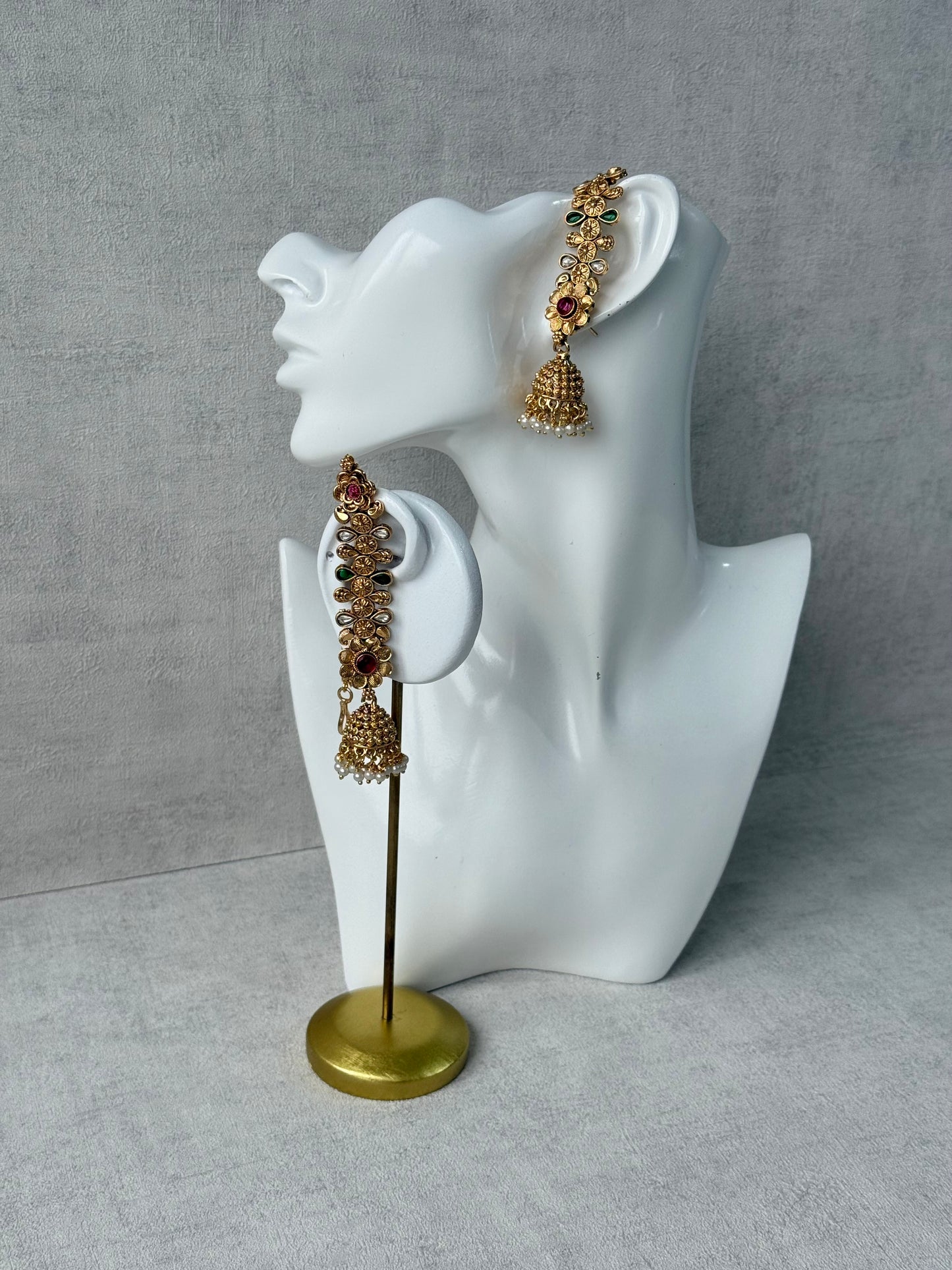 Ayura Designs Keerti Jhumkis – Antique Gold Kannauti Earrings with Ruby Pink & Emerald Green Stones, Mirror-Cut Detailing & Pearl Drops