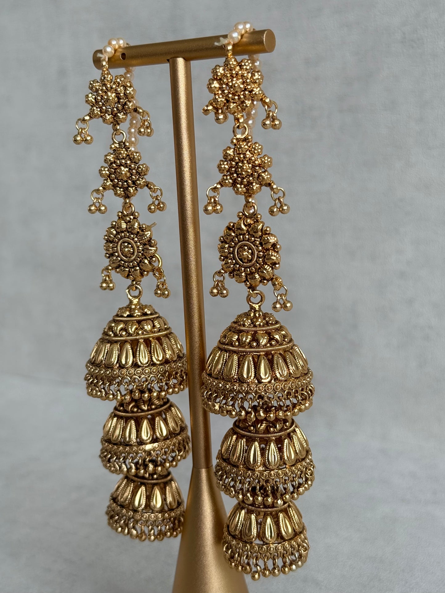 Ayura Designs Preet Sahare Jhumkis – Antique Gold Finish with Triple Dome Design