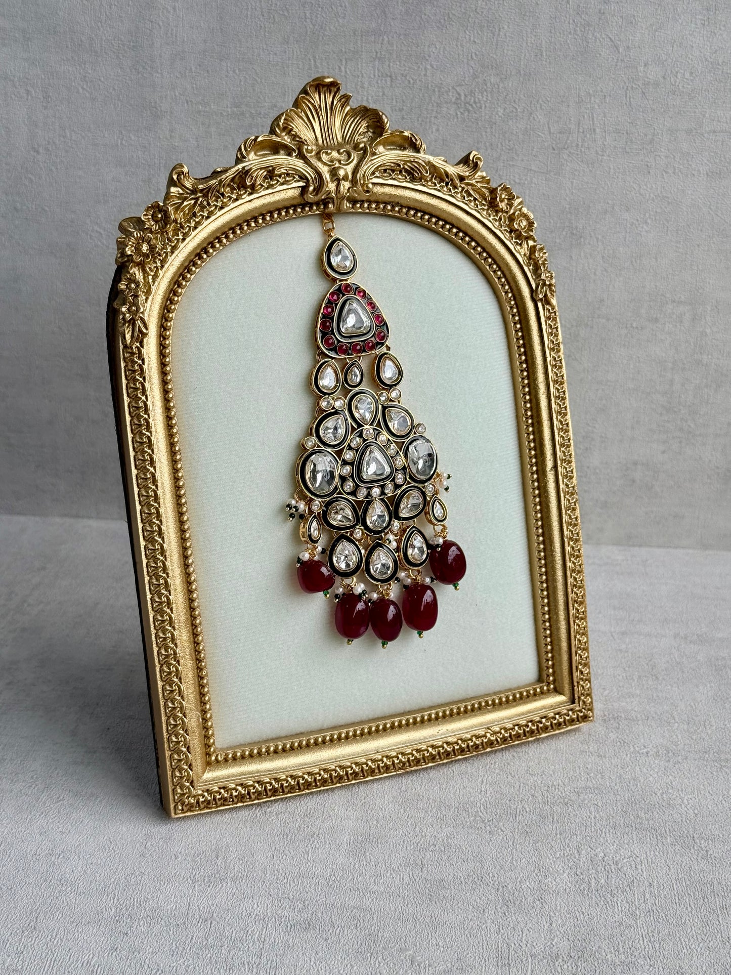 Ayura Designs Salma Jhoomar Passa – Ruby Red Beads with Kundan Stones & Antique Gold Finish