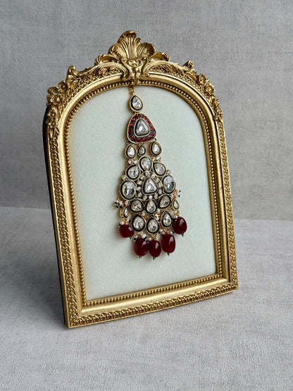 Ayura Designs Salma Jhoomar Passa – Ruby Red Beads with Kundan Stones & Antique Gold Finish