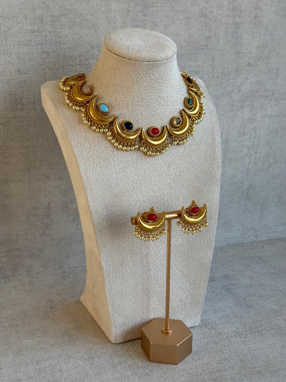 Ayura Designs Laksha Set with Earrings – Antique Gold Crescent Motifs, Multicolour Stones & Pearl Detailing