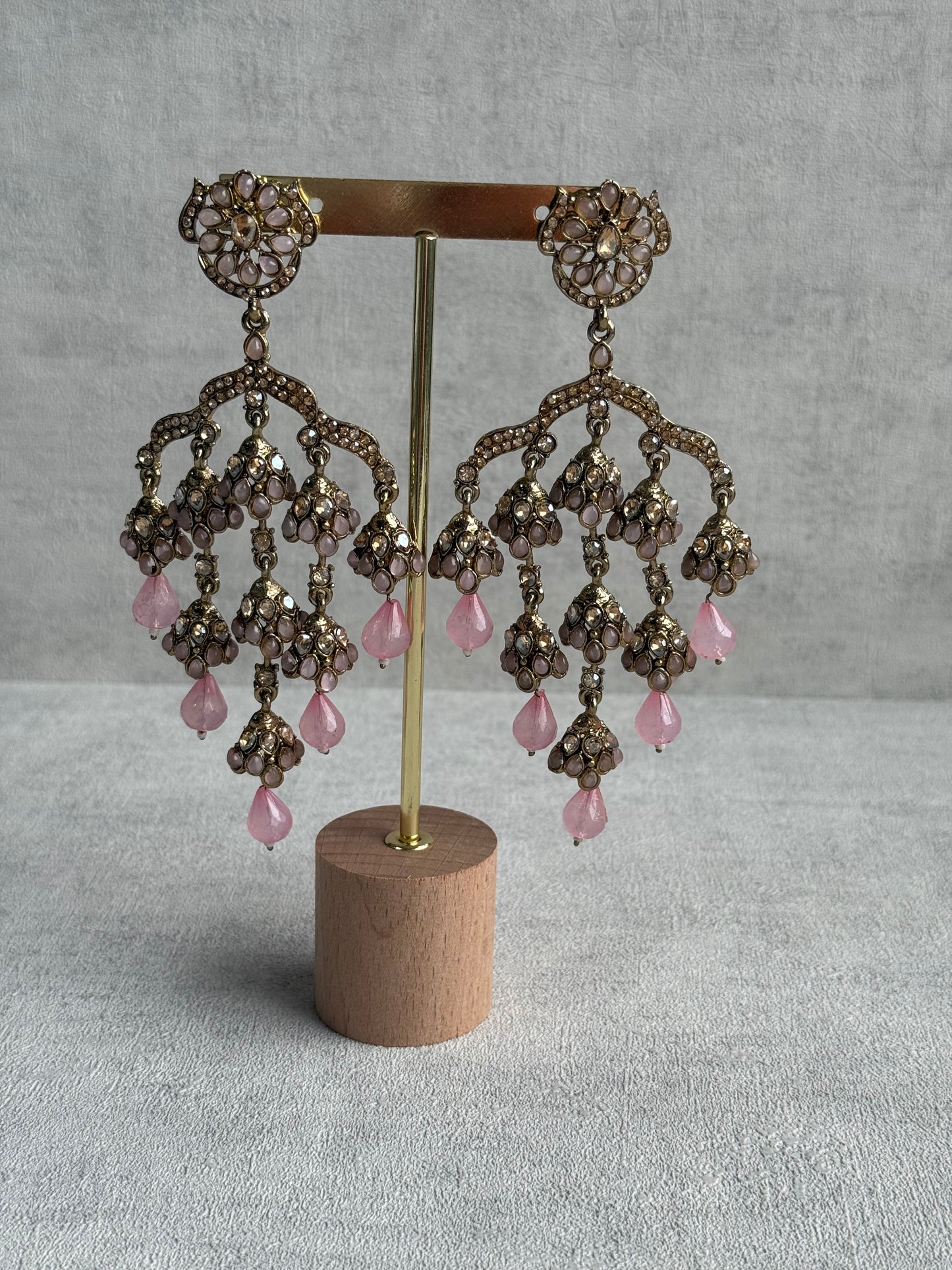 Ayura Designs Jasmine Earrings – Chandelier Earrings with Blush Pink Beads & Antique Gold Detailing