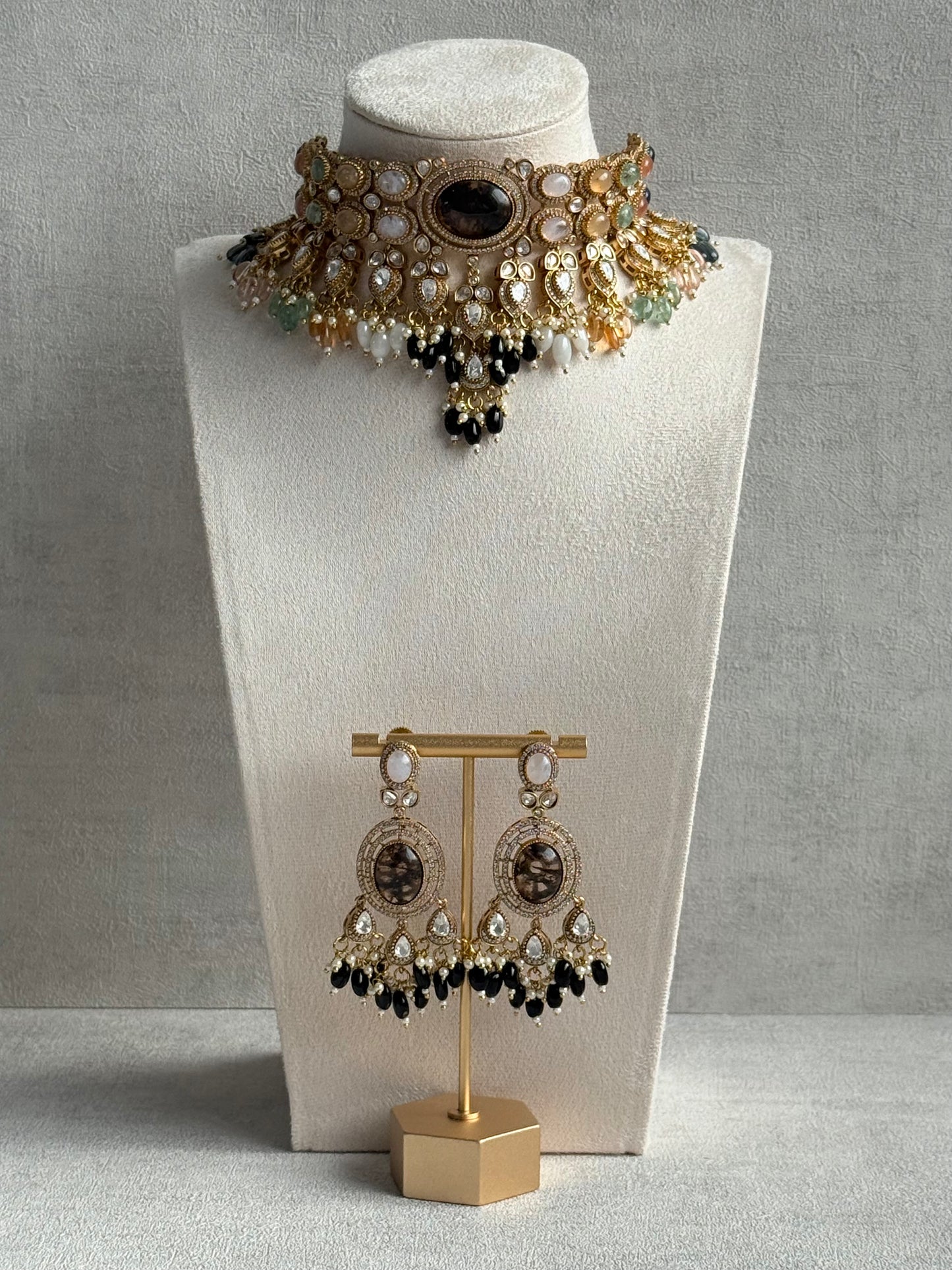 Ayura Designs Poppy Choker Set with Statement Earrings – Smoky Stone Centre with Pastel Beads, Pearls and Black Drops