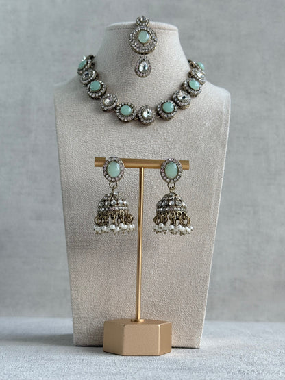 Ayura Designs Eira Necklace Set with Earrings & Tikka – Mint Green & Crystal Stones with Antique Gold Finish