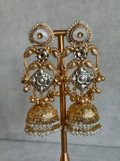 Ayura Designs Zaqsa Earrings – Dual-Tone Antique Gold & Silver Jhumkas with Bird Motifs, Kundan Accents & Pearl Drops