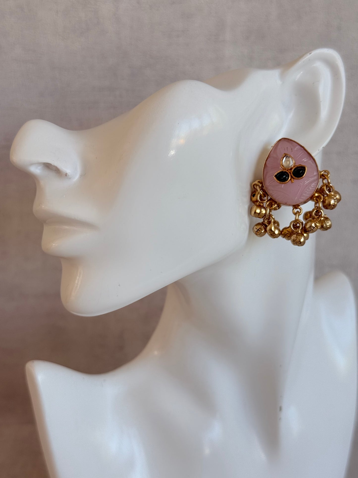 Ayura Designs Aykai Earrings – Baby Pink Carved Teardrop Stud Earrings with Clear Kundan Stones and Gold Ghungroo Drops