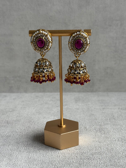 Ayura Designs Muskaan Set – Choker, Jhumkis & Tikka with Magenta Beads, Kundan Stones & Antique Gold Finish