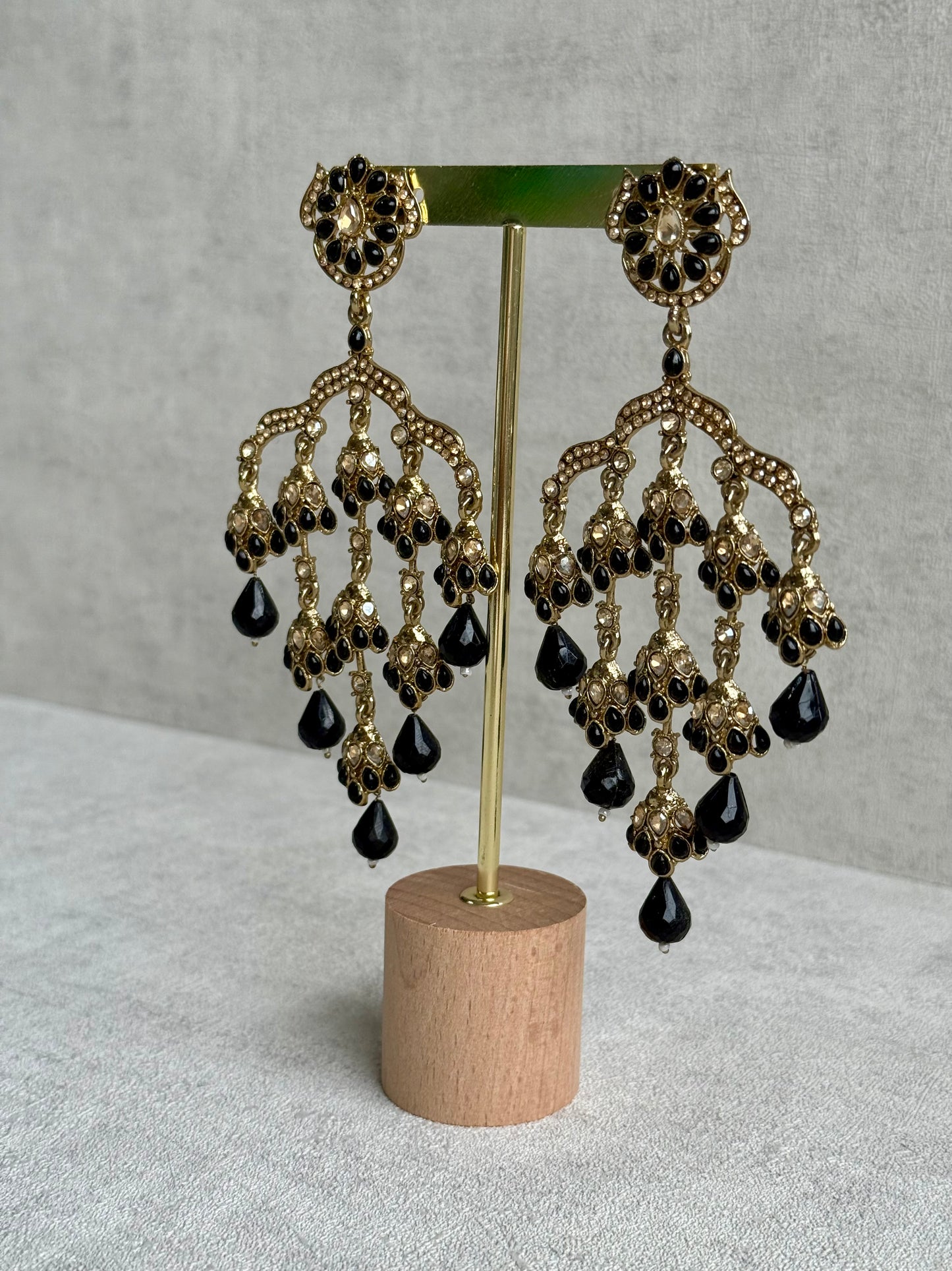 Ayura Designs Jasmine Earrings – Black Chandelier Earrings with Antique Gold Detailing & Tiered Drops