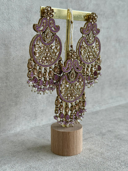 Ayura Designs Anvi Tikka Set with Earrings – Lilac with Champagne Stones & Pearl Drops