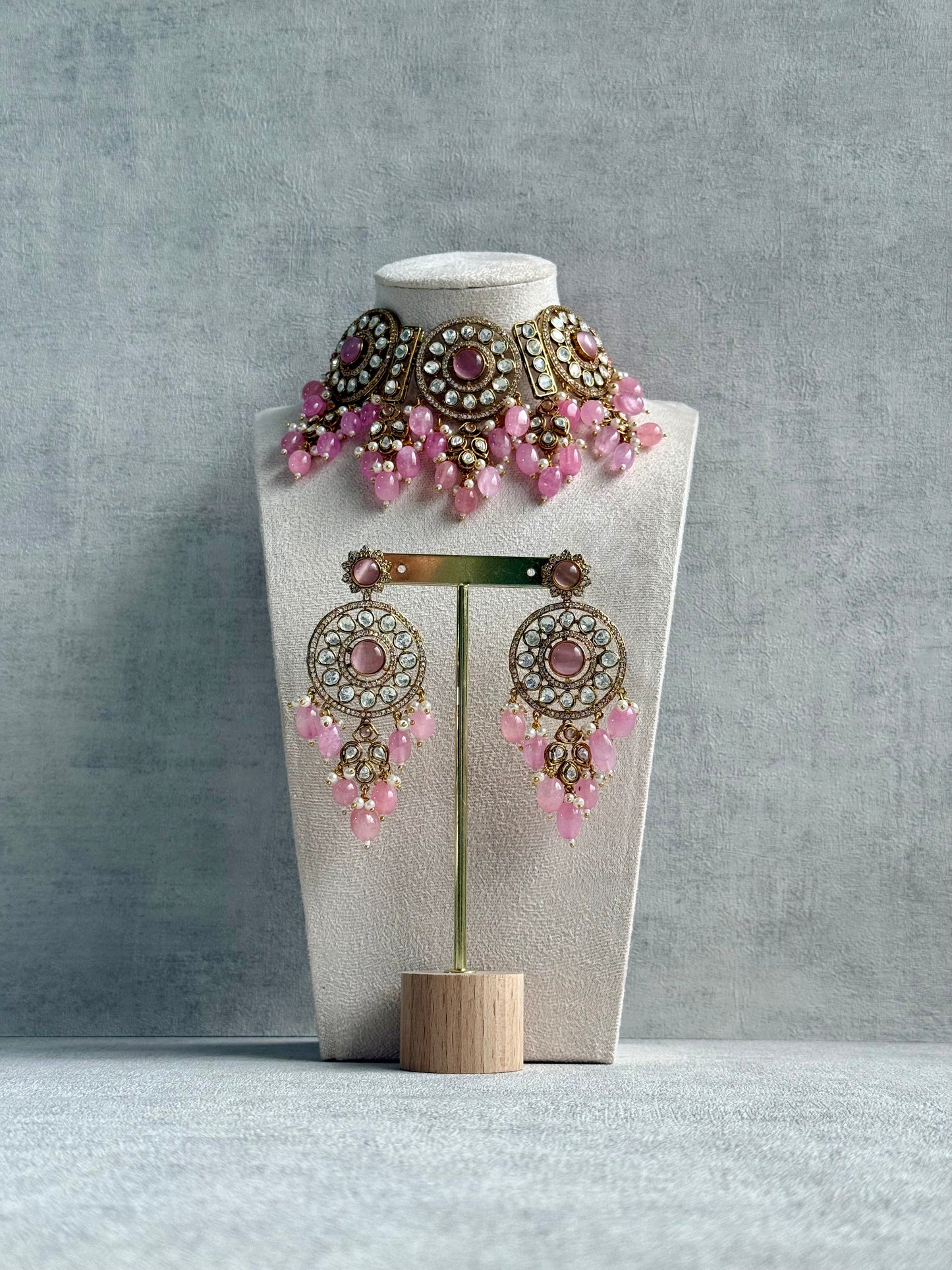 Ayura Designs Harper Set – Antique Gold Choker & Earrings with Blush Pink Beads, Kundan Stones & Pearl Detailing