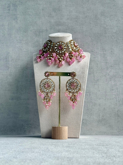 Ayura Designs Harper Set – Antique Gold Choker & Earrings with Blush Pink Beads, Kundan Stones & Pearl Detailing