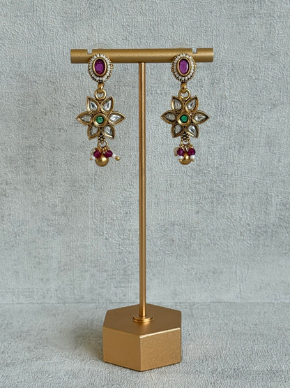 Ayura Designs Daksha Necklace Set with Earrings – Gold Layered Chain Necklace with Ruby Pink & Emerald Green Kundan Floral Motifs