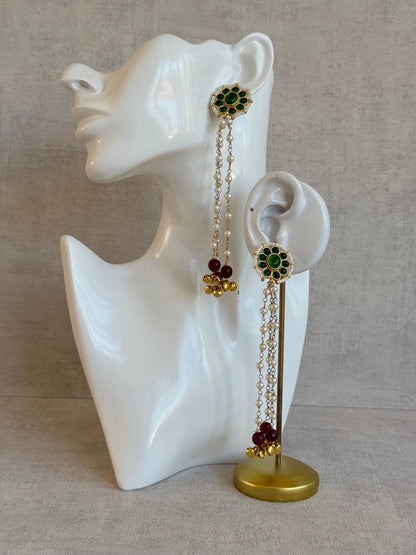 Ayura Designs Noorzar Earrings – Duster Earrings with Emerald Green Stones, Ruby Red Beads & Pearl Chains