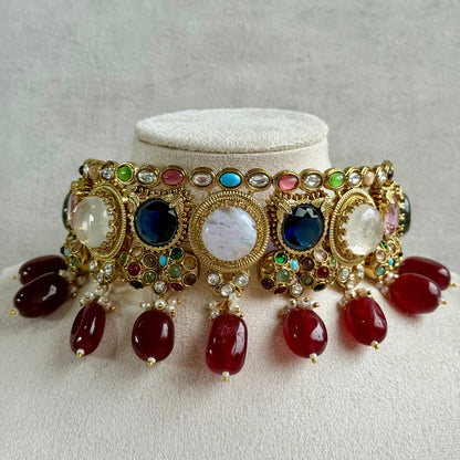 Ayura Designs Dahlia Choker Set with Earrings – Multicolour Stones, Crystal Detailing & Ruby Red Drops