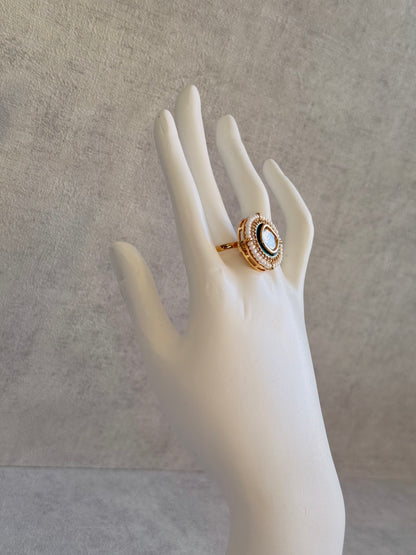 Ayura Designs Roselle Adjustable Ring – Moissanite Centre with Crystal Border & Ivory Pearls