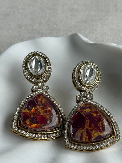 Ayura Designs Florence Earrings – mirror cut studs with Burnt Crimson Marble Resin & Crystal Borders
