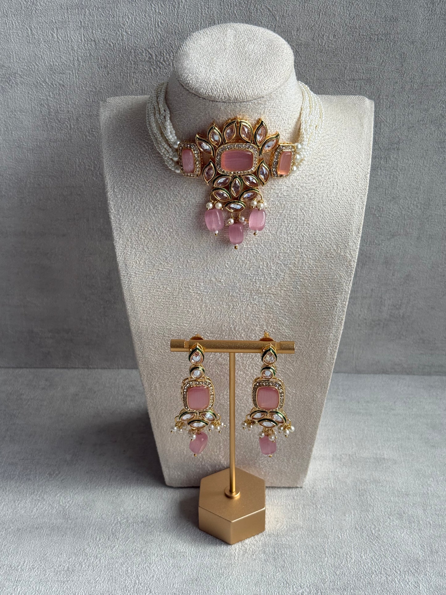 Ayura Designs Raaz Set with Necklace & Earrings – Blush Pink Stones, Kundan Detailing & Antique Gold Finish