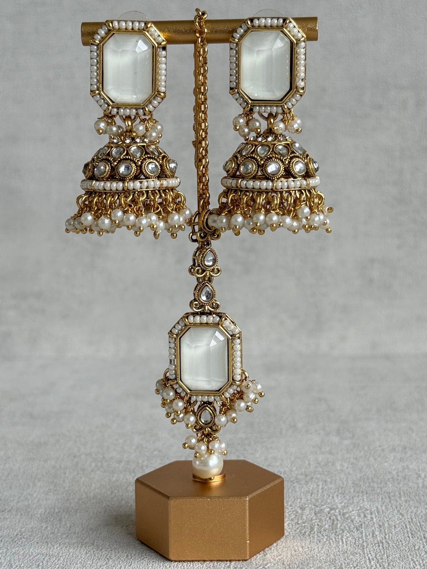 Ayura Designs Heena Tikka Set with Jhumkis – Ivory Stone, Kundan & Pearl Detailing