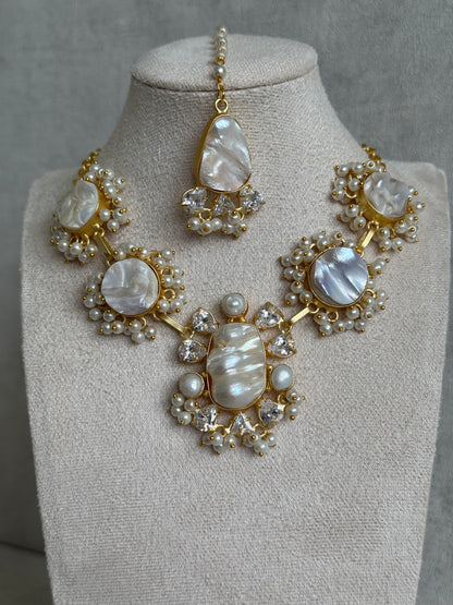 Ayura Designs Niamh Set with Tikka & Earrings - Baroque Pearl, Mother of Pearl & Swarovski Crystals