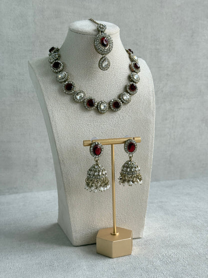 Ayura Designs Eira Necklace Set with Earrings & Tikka – Ruby Red & Crystal Stones with Antique Gold Finish