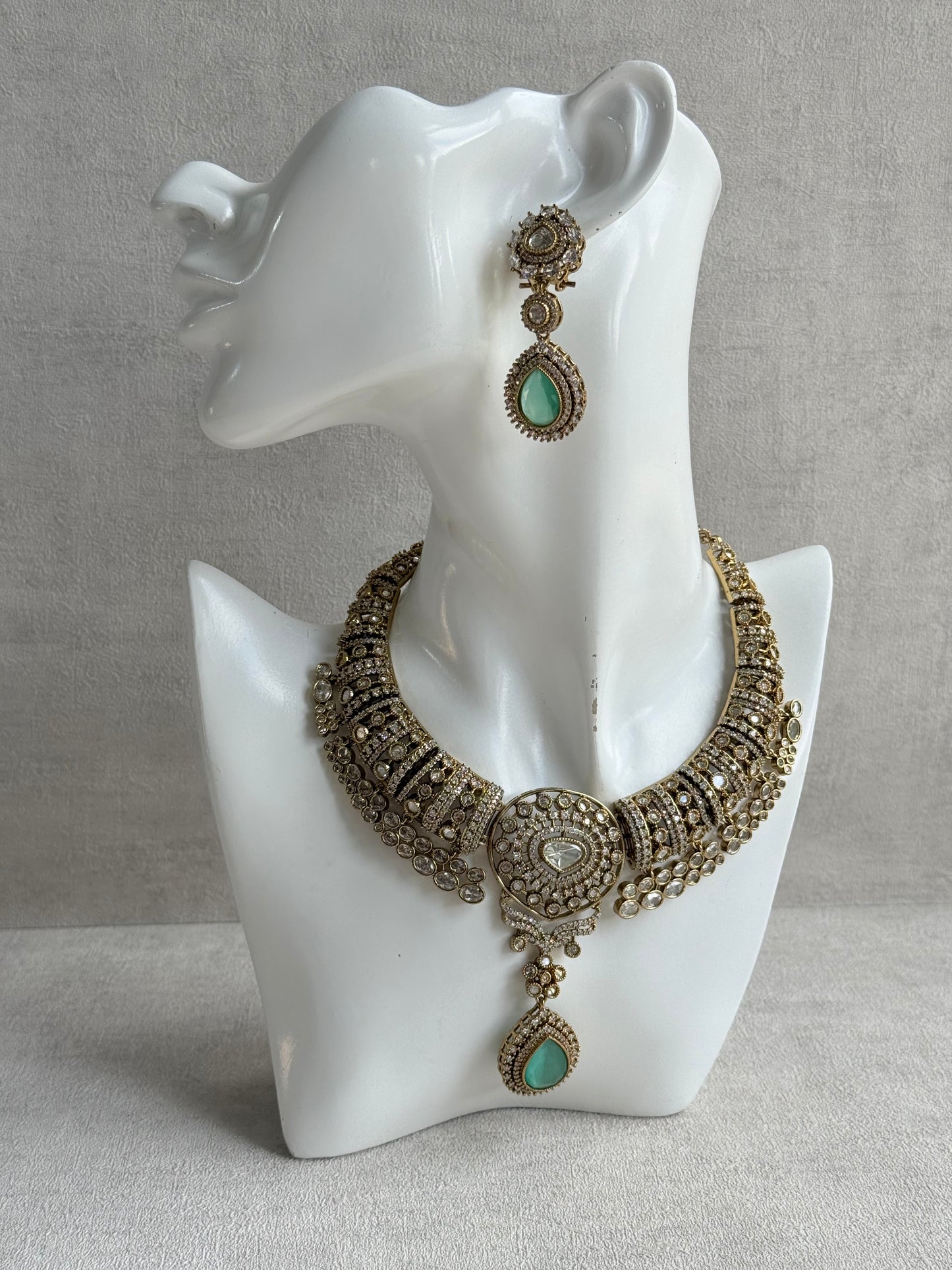 Ayura Designs Ahana Necklace Set with Earrings – Mint Green Teardrop Stones & Moissanite Detailing