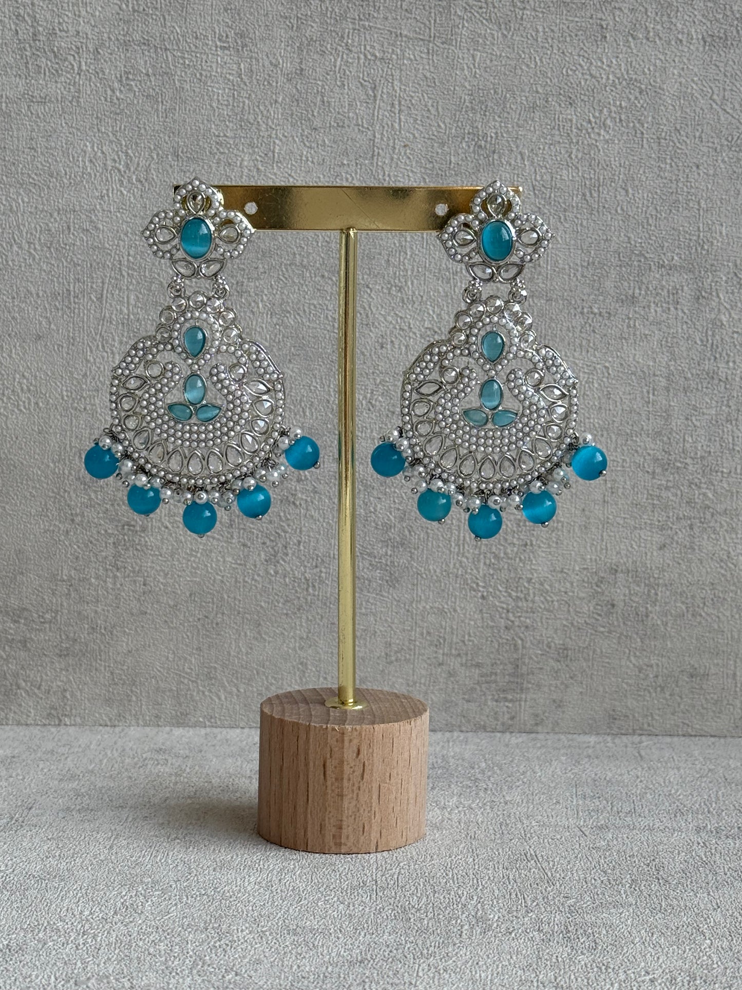 Ayura Designs Zarlish Set – Choker, Earrings & Tikka with Mirror-Cut Stones, Aqua Blue Beads & Silver Finish